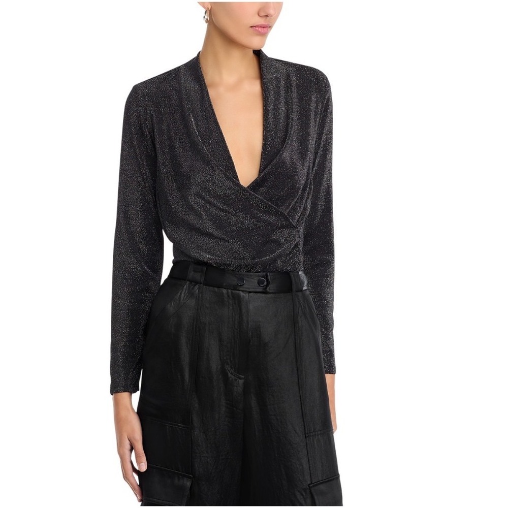Status by Chenault Womens Long Sleeve Metallic‎ Crossover Top Black Small